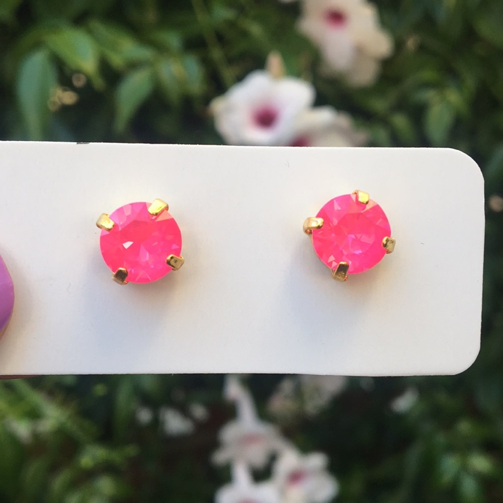 Hot Pink + Gold Crystal Stud Earrings